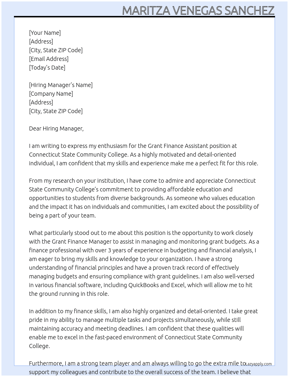 Grant Finance Assistant  At Connecticut State Community College Cover Letter