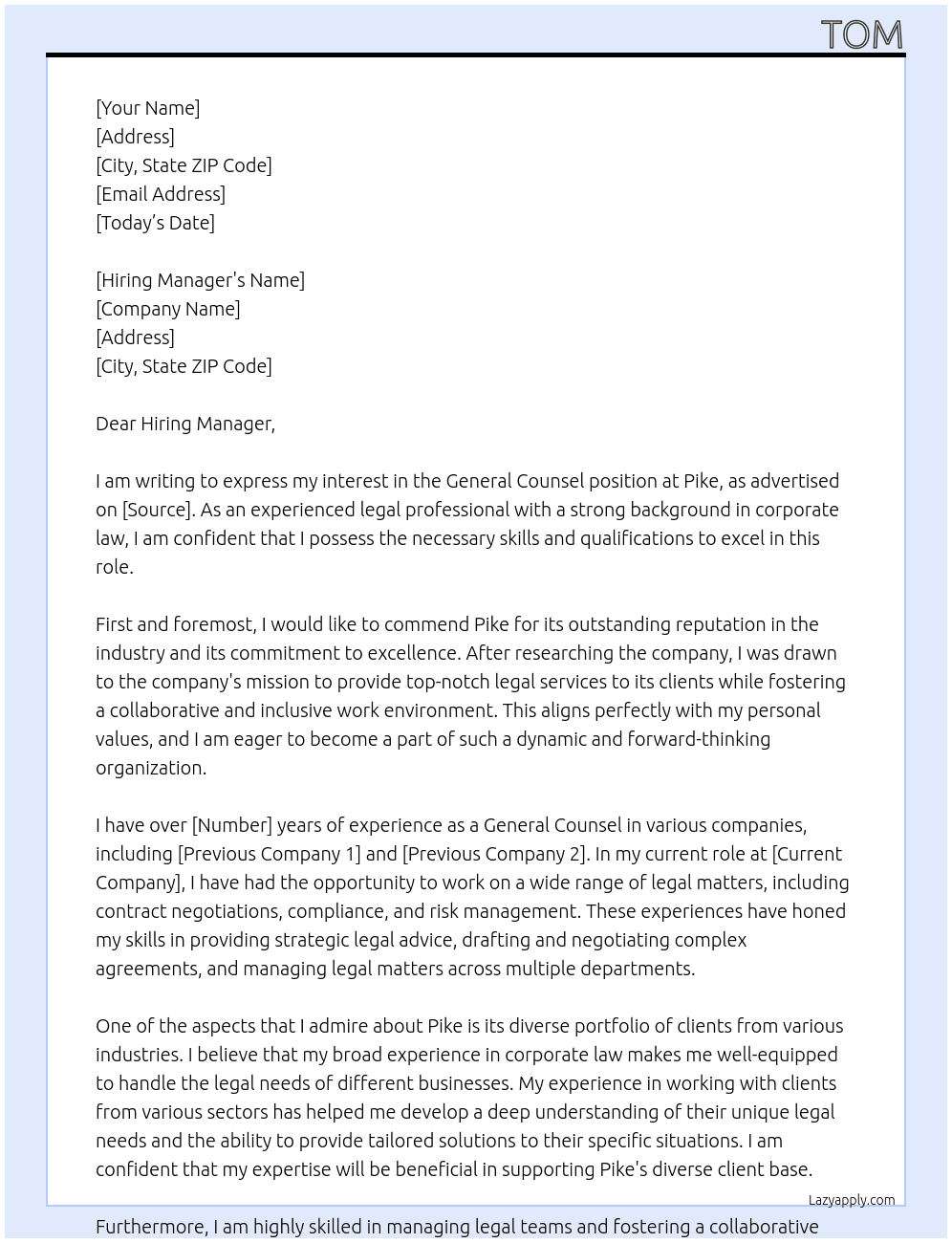 General Counsel At Pike Cover Letter