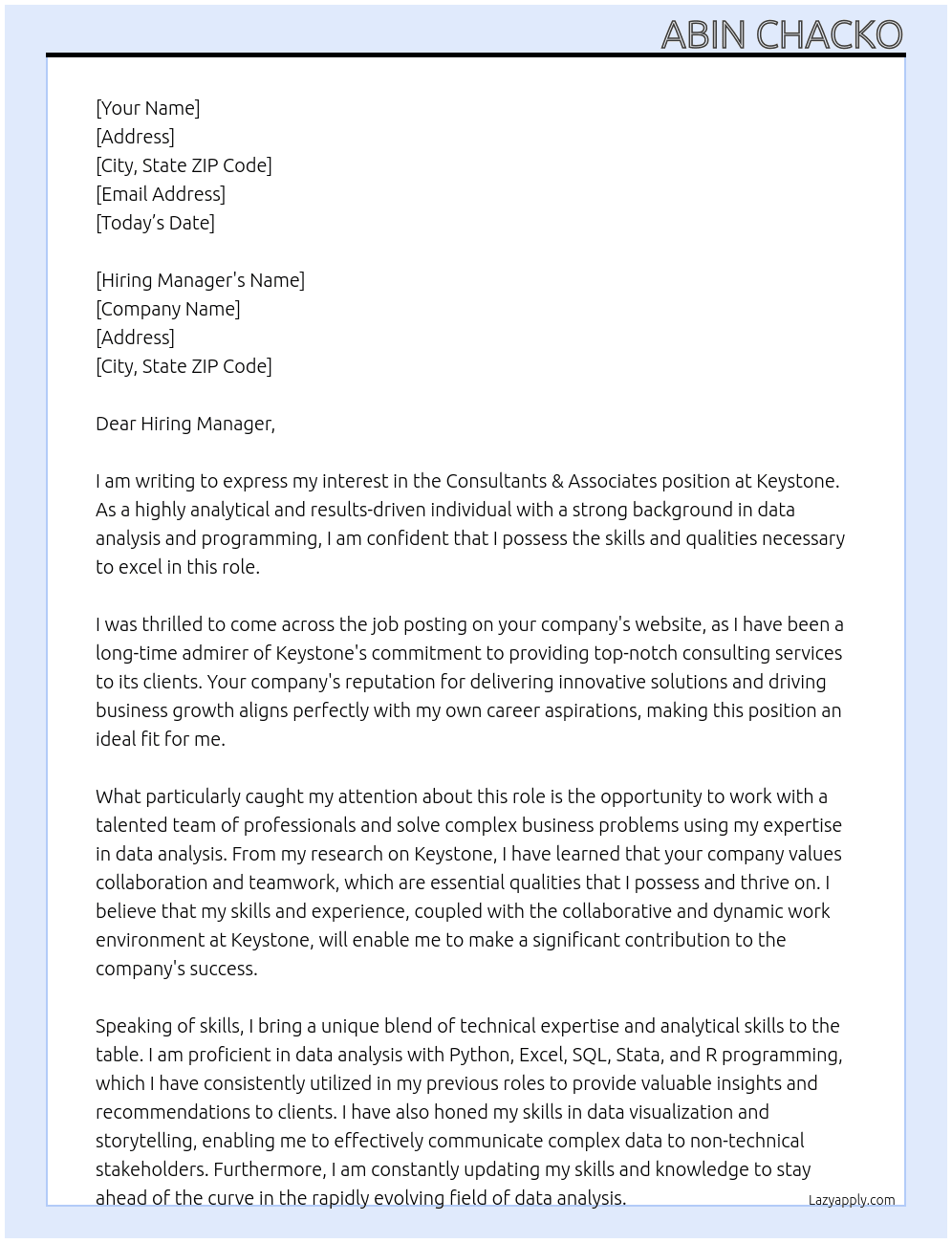 Consultants & Associates At Keystone Cover Letter