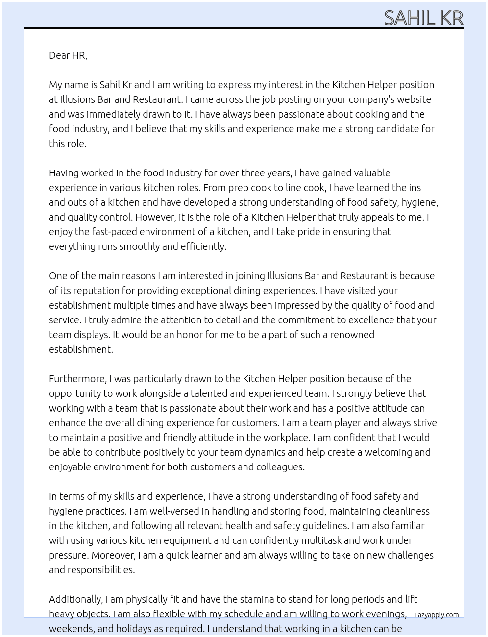Kitchen helper At Illusions Bar and Restaurant  Cover Letter