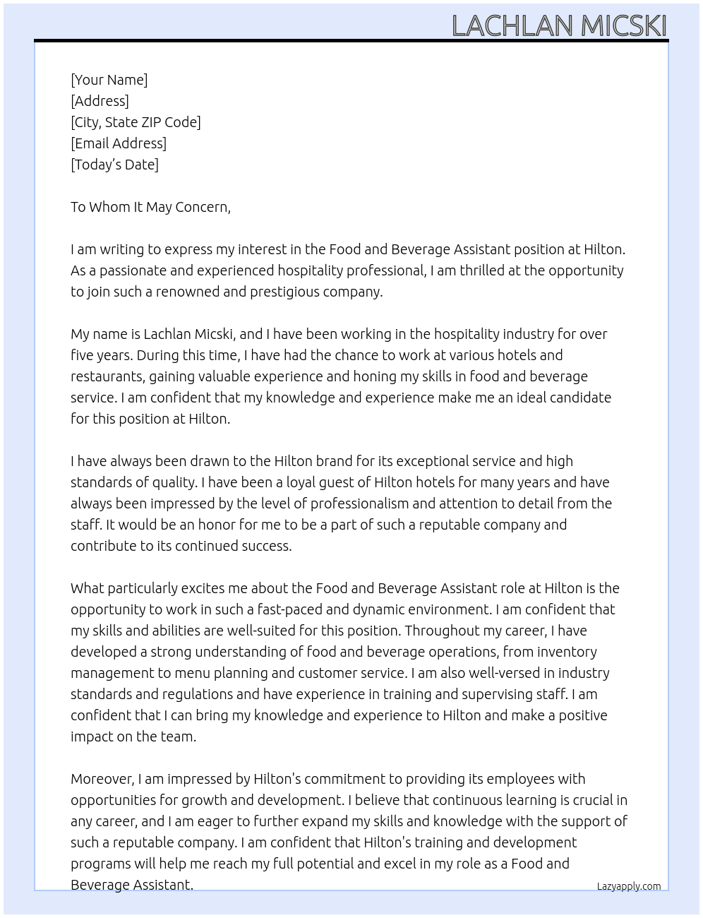 Food and Beverage Assistant At Hilton Cover Letter