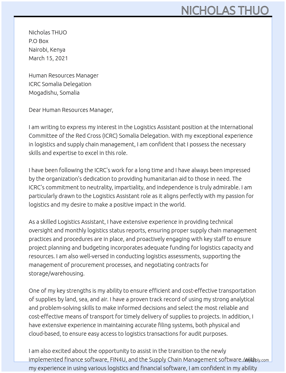 LOGISTICS ASSISTANT At International Committee of the Red Cross  Cover Letter