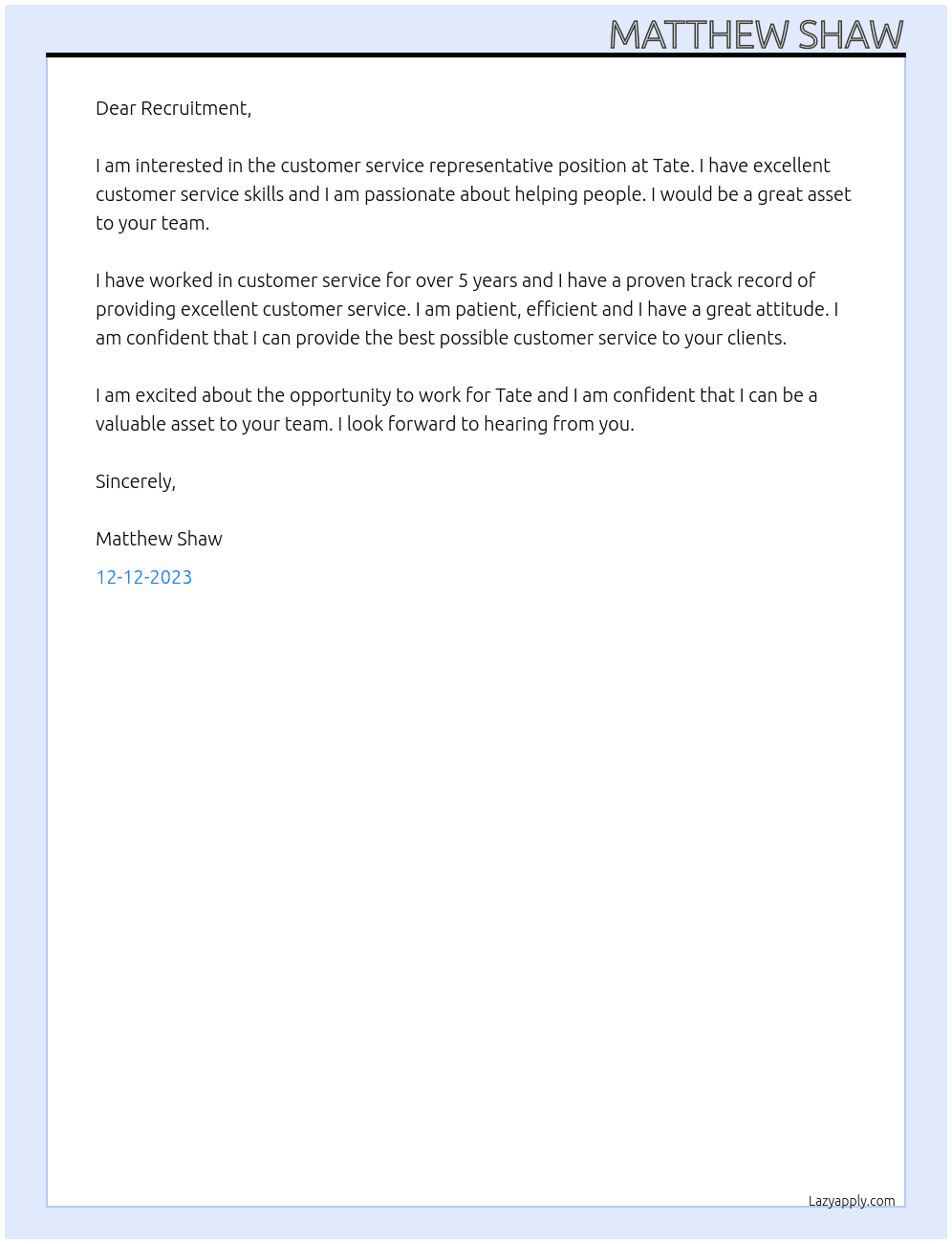  Customer service representative  At Tate  Cover Letter