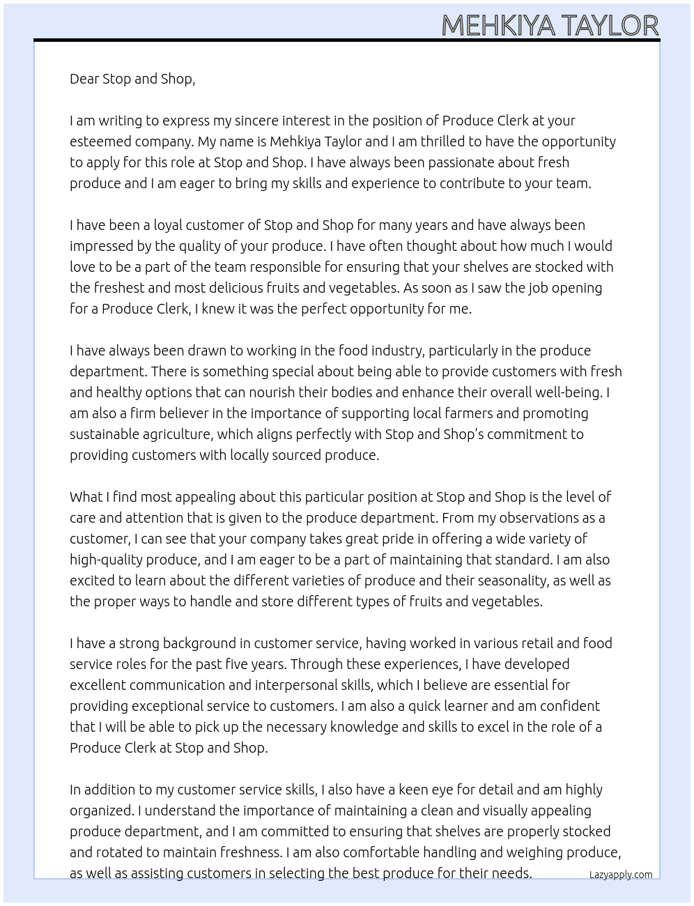 Produce Clerk At Stop and Shop Cover Letter