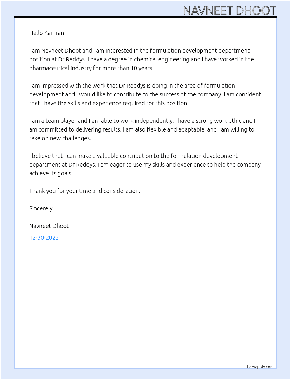 Formulation Development Department At Dr Reddys Cover Letter