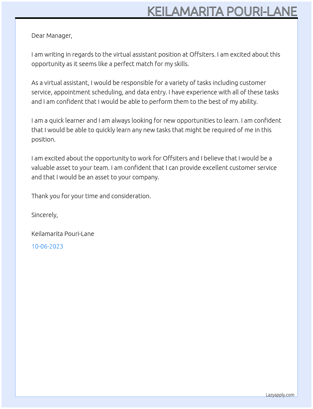 virtual assistant At Offsiters Cover Letter