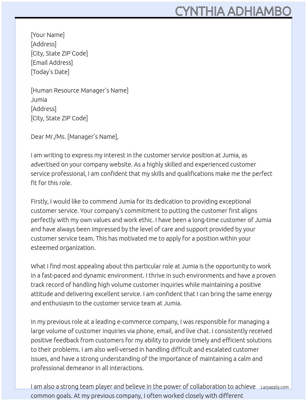 customer service At jumia Cover Letter