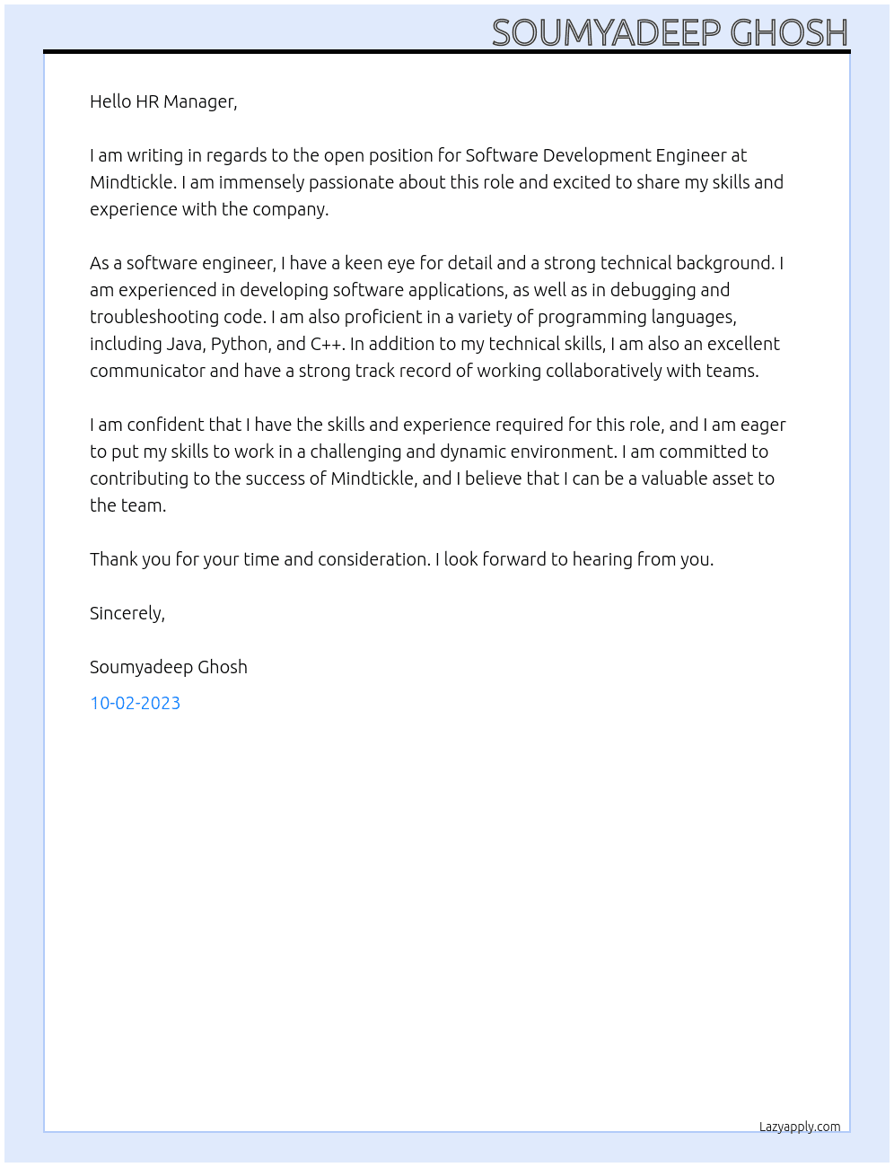 Software Development Engineer At Mindtickle  Cover Letter
