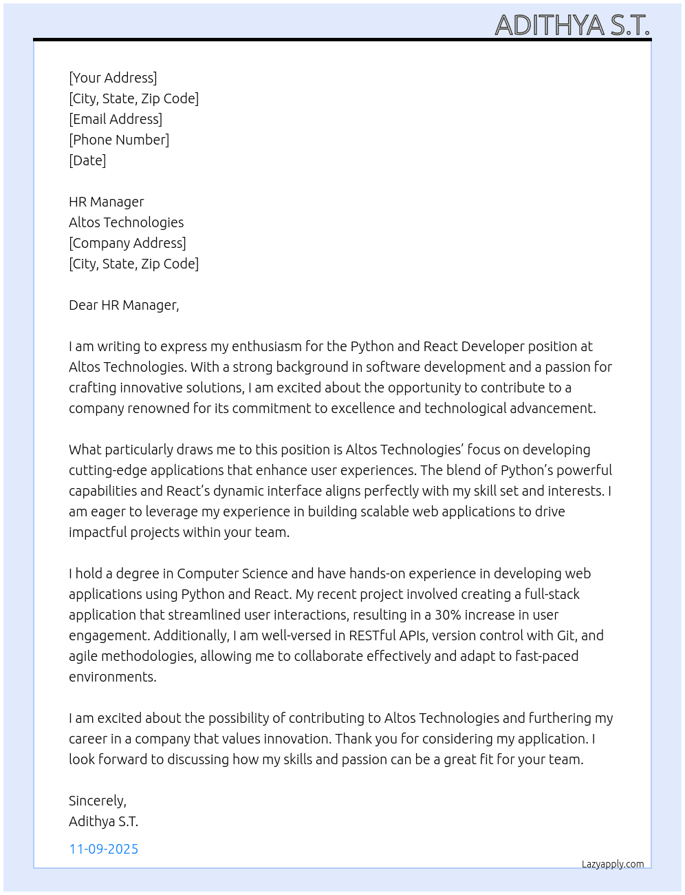 Cover letter for python and react developer - LazyApply