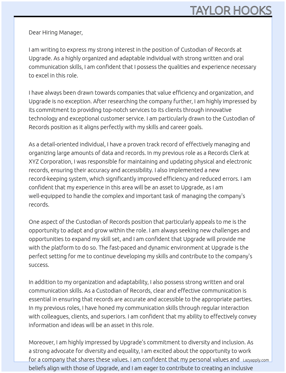 Custodian of Records  At Upgrade Cover Letter