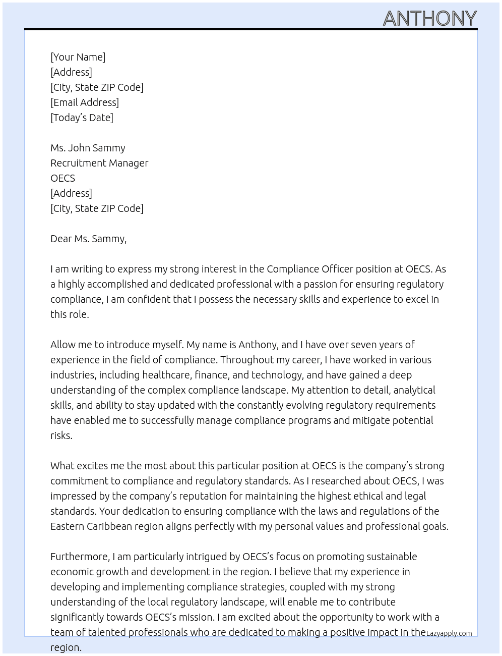 COMPLIANCE OFFICER  At OECS Cover Letter
