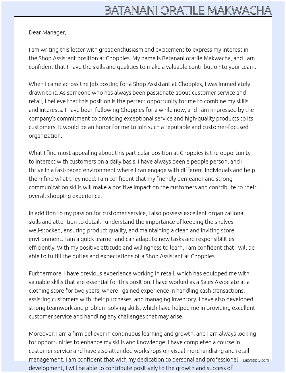 Shop assistant job At Choppies  Cover Letter