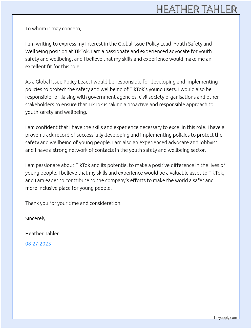 Global issue Policy Lead- Youth Safety and Wellbeing At TikToc Cover Letter