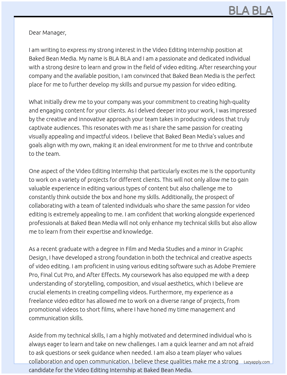Video Editing Internhsip At Baked Bean Media Cover Letter
