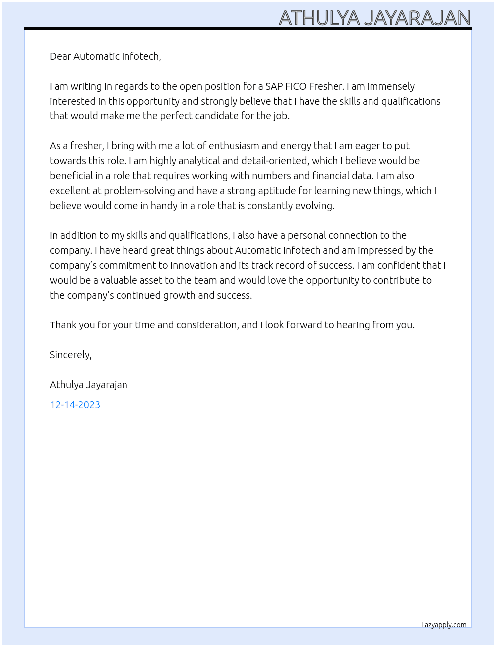 SAP FICO Fresher  At Automatic Infotech  Cover Letter