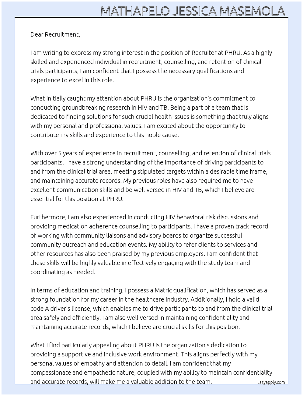 Recruiter At PHRU Cover Letter