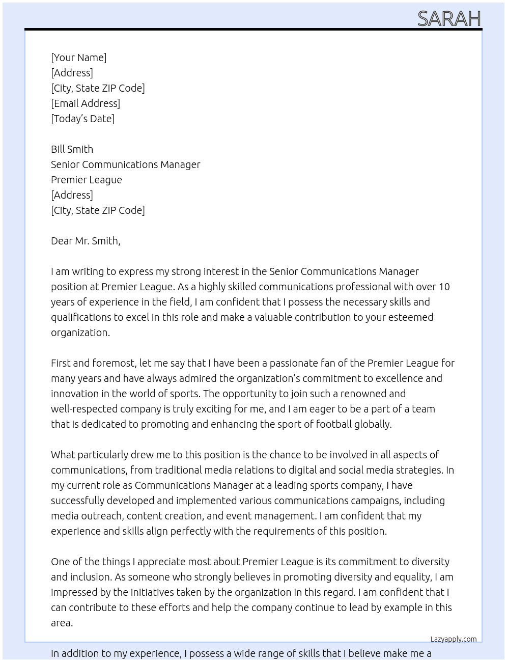 Senior communications manager  At Premier League  Cover Letter