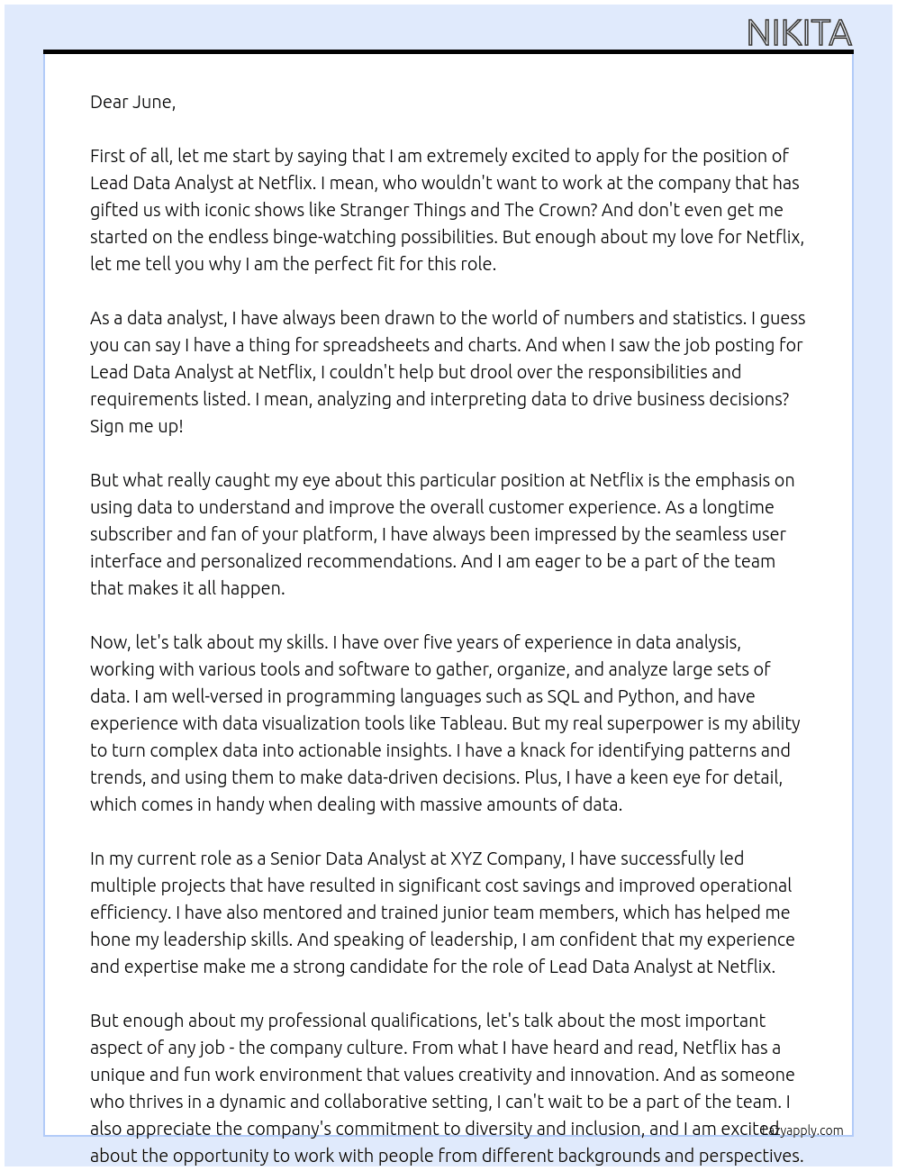 Lead data analyst At Netflix Cover Letter