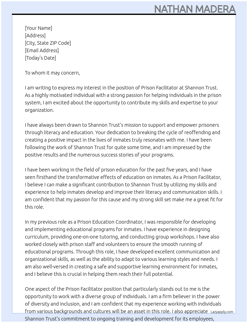 Prison Facilitator  At Shannon Trust Cover Letter
