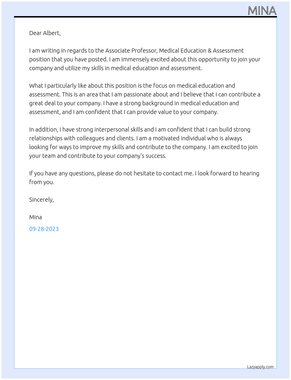 Associate Professor, Medical Education & Assessment At mina Cover Letter