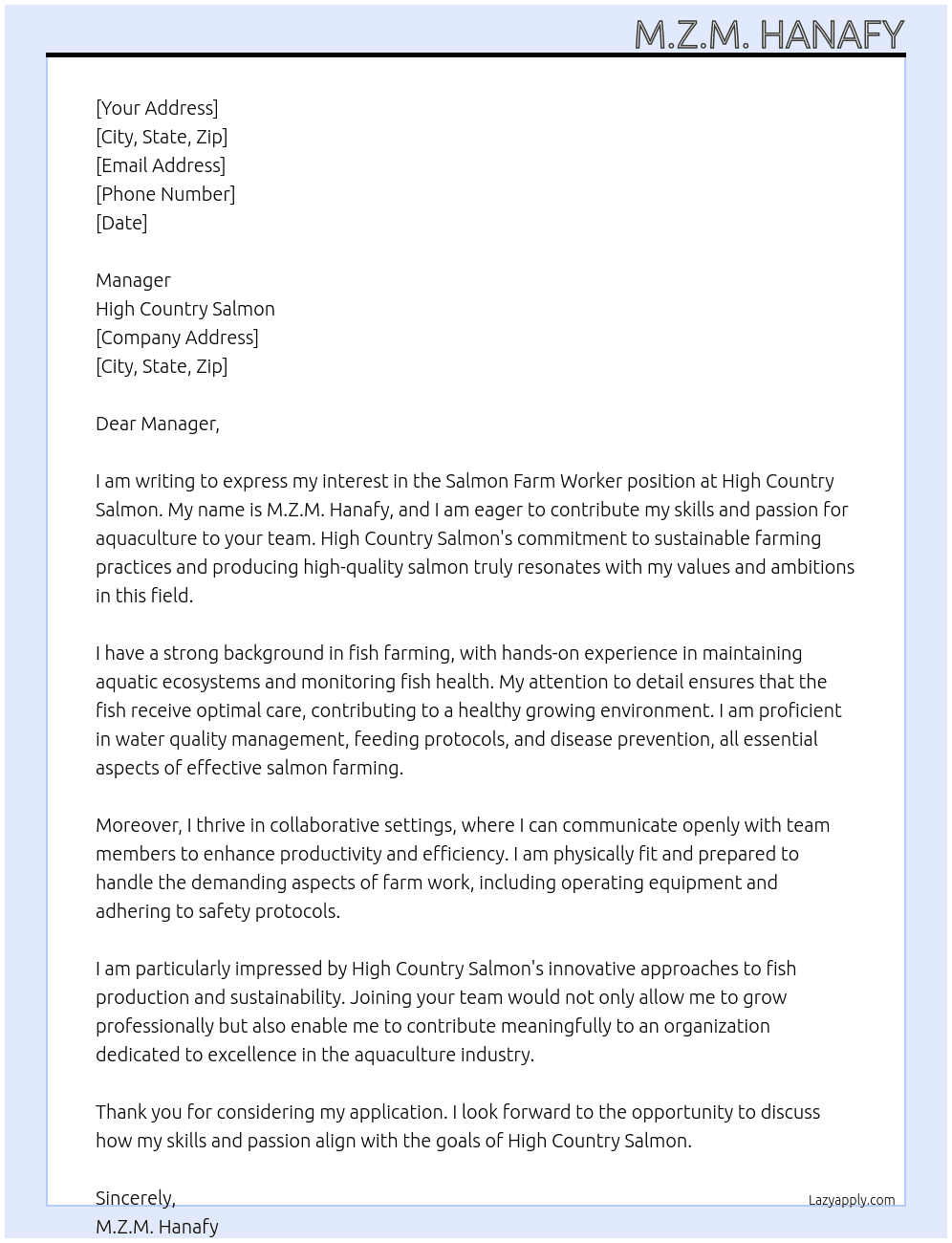 Salmon Farm Worker At High Country Salmon Cover Letter