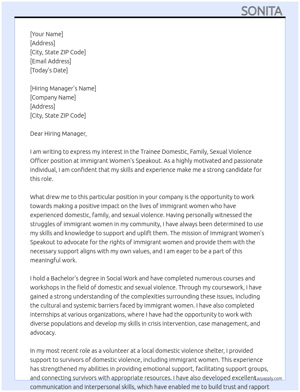 Trainee Domestic, Family, Sexual Violence Officer At Immigrant Women's Speakout Cover Letter