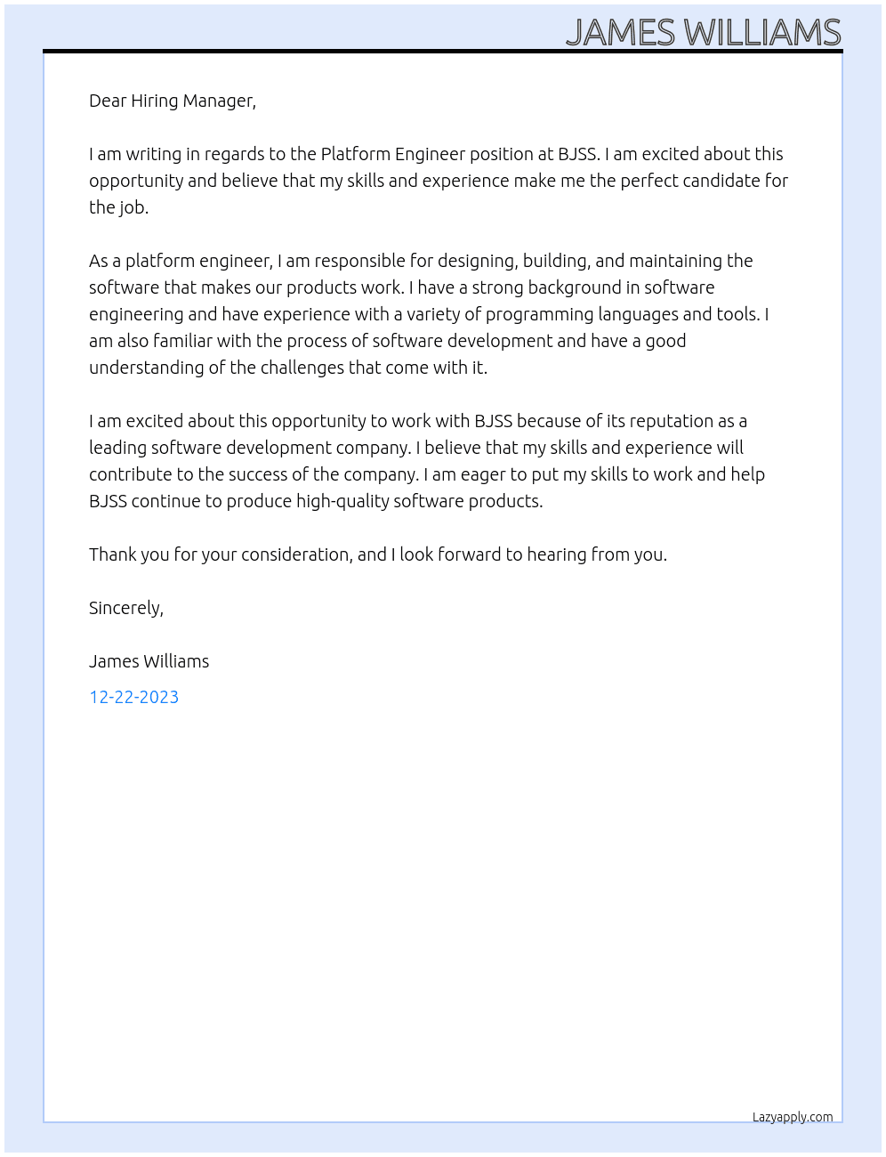 platform engineer At BJSS Cover Letter