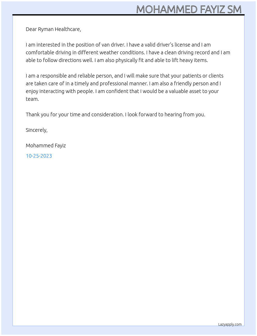 Van driver  At Ryman Healthcare Cover Letter