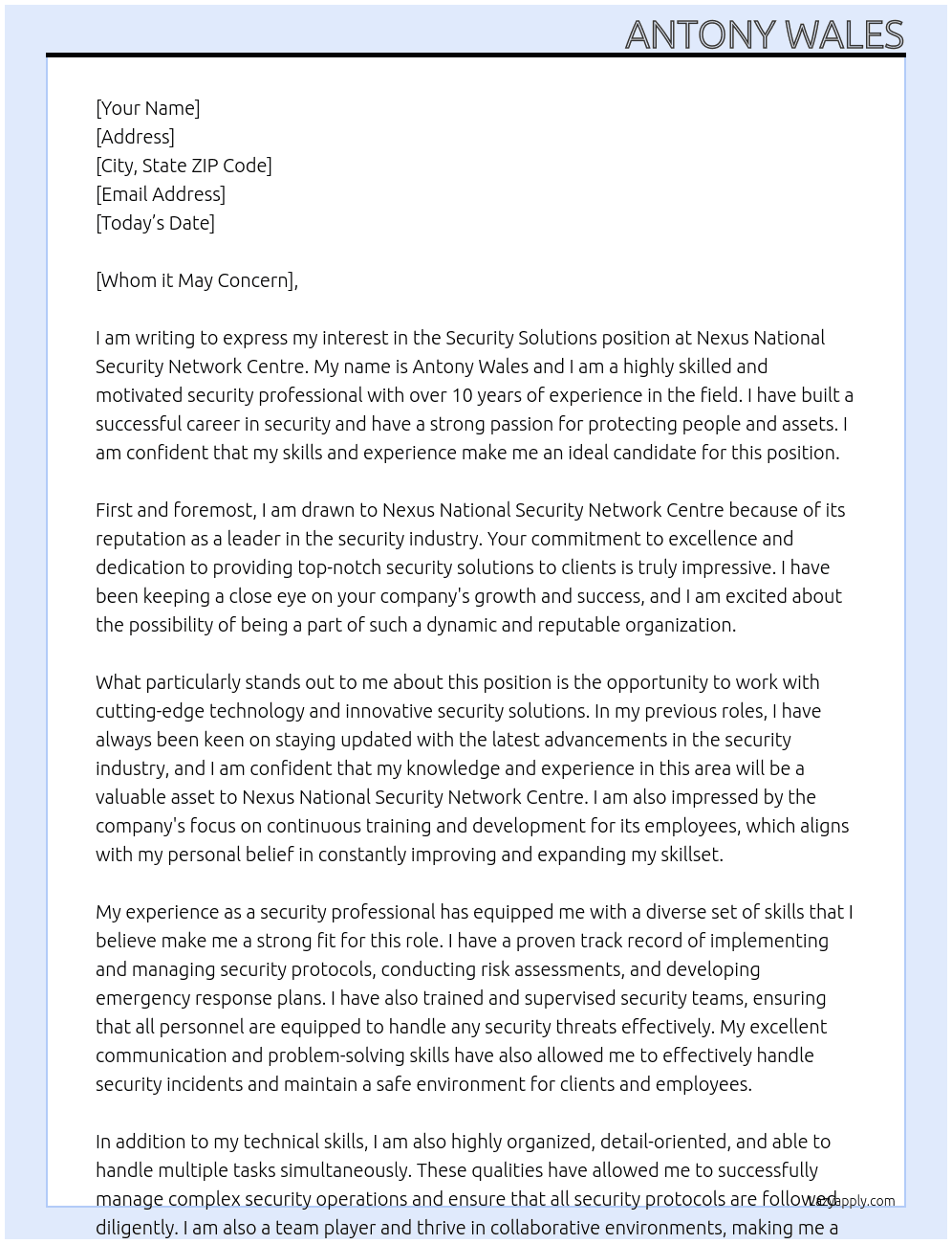 Security Solutions At Nexus National Security Network Centre Cover Letter