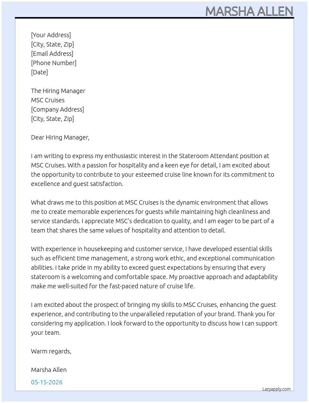 Stateroom Attendant At MSC Cruises Cover Letter