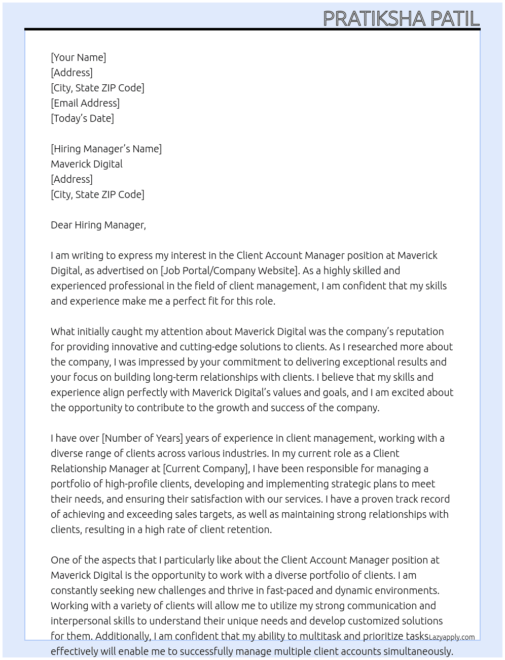 Client Account Manager At Maverick Digital Cover Letter