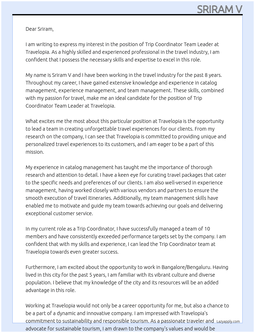 TRIP COORDINATOR TEAM LEADER At Travelopia Cover Letter