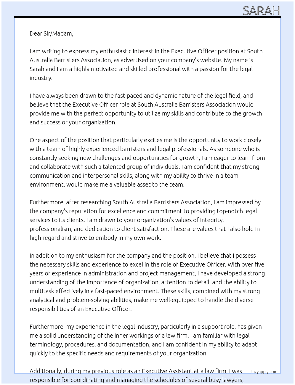 Executive Officer At South Australia Barristers Association Cover Letter