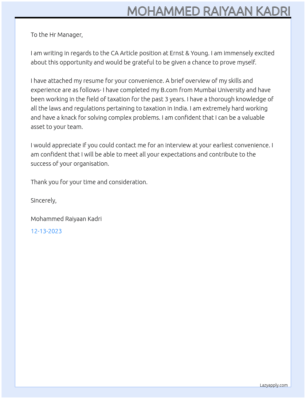 CA Article At Ernst & Young Cover Letter