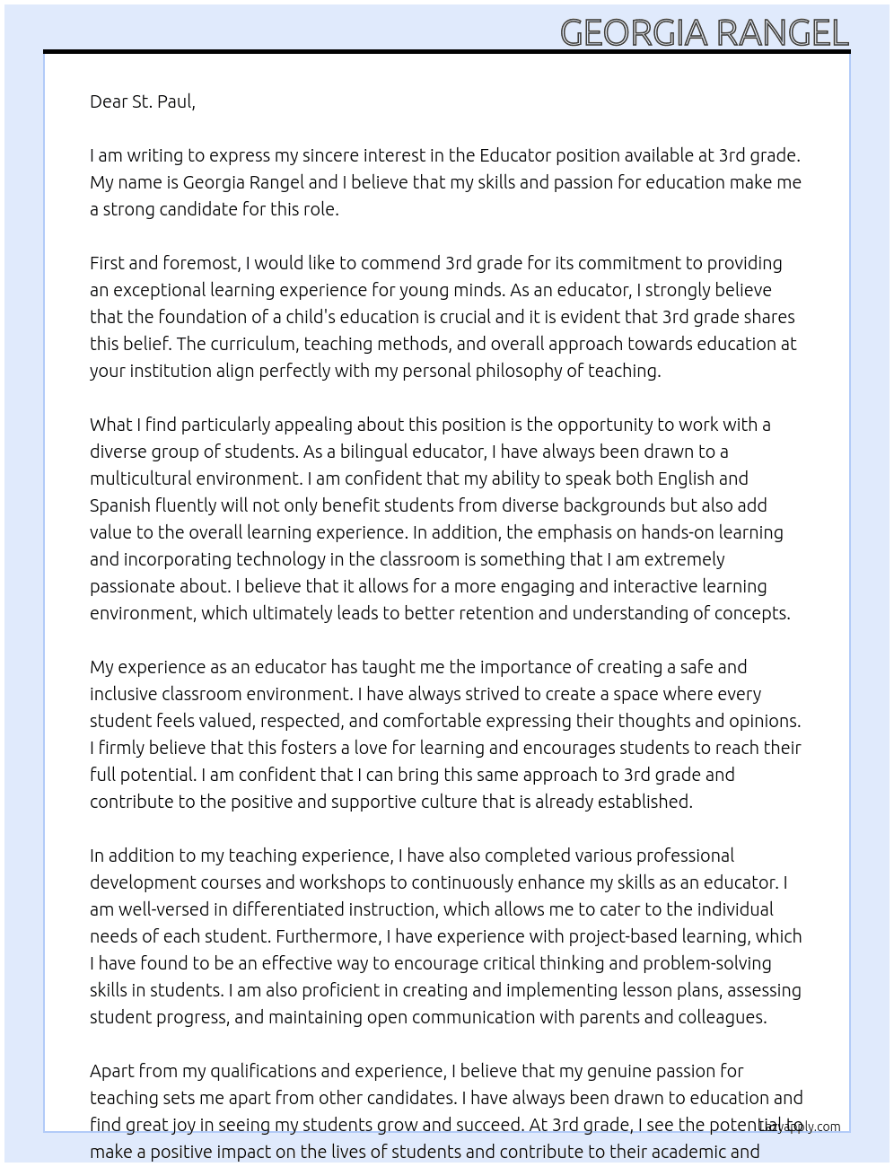 Educator At 3rd grade  Cover Letter