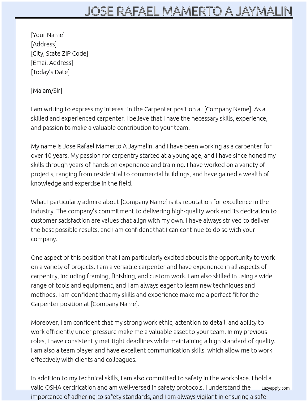 Carpenter Wanted At Carpenter  Cover Letter