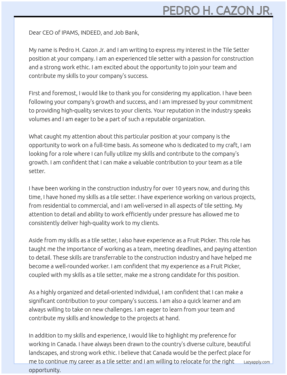 Tile Setter At IPAMS, INDEED, Job Bank Cover Letter