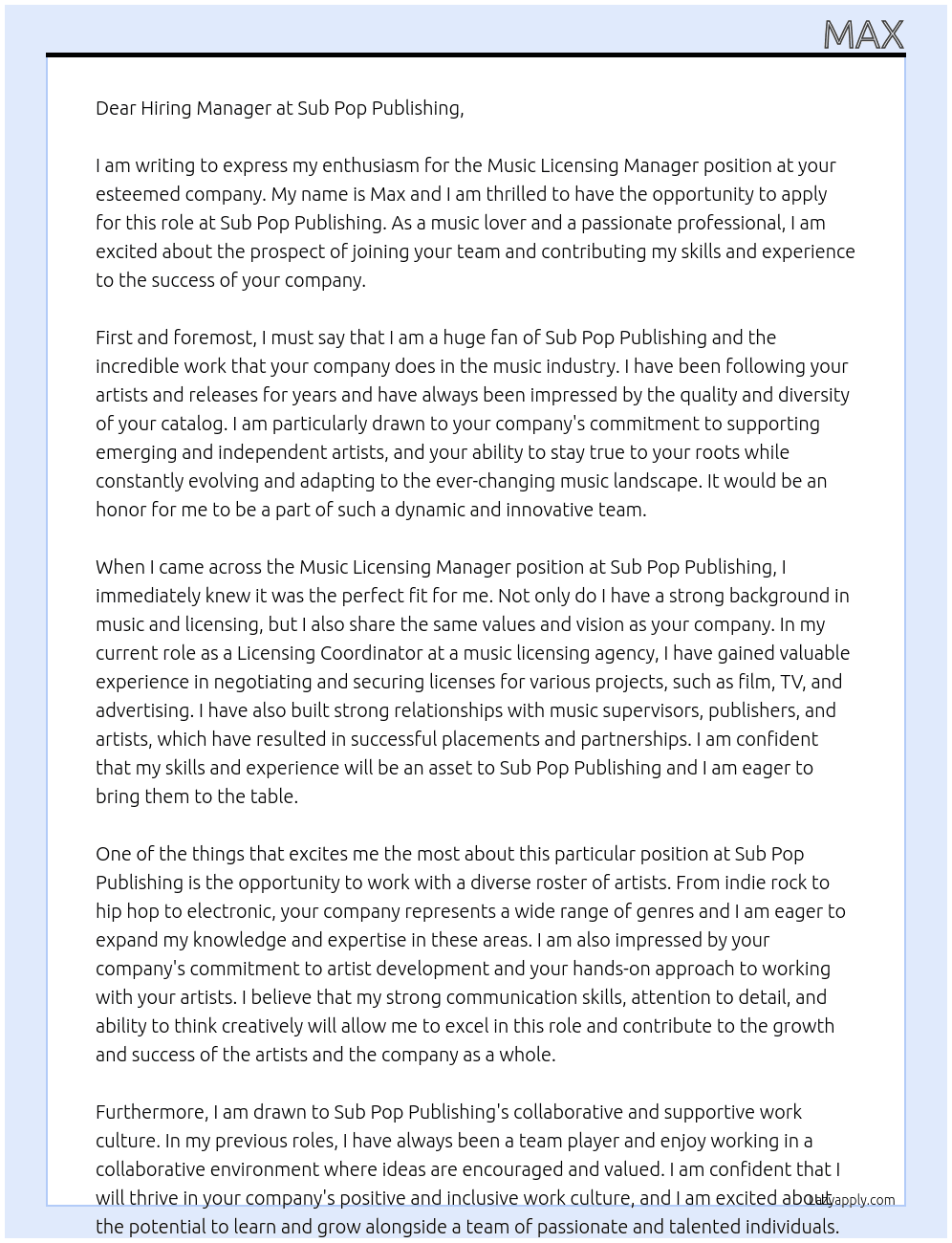 Music Licensing Manager At Sub Pop Publishing Cover Letter