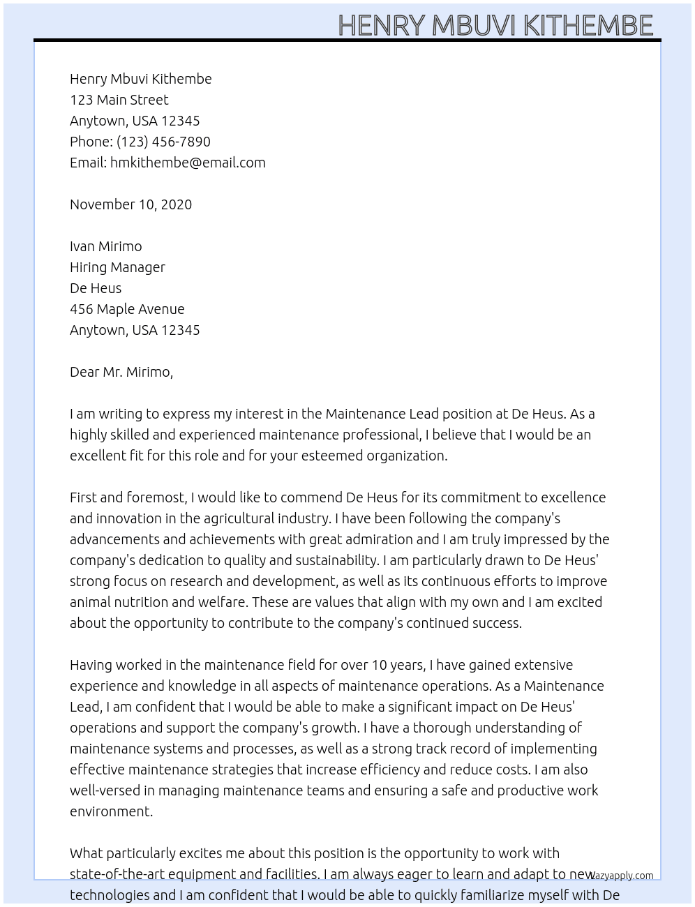 Maintenance Lead At De Heus Cover Letter