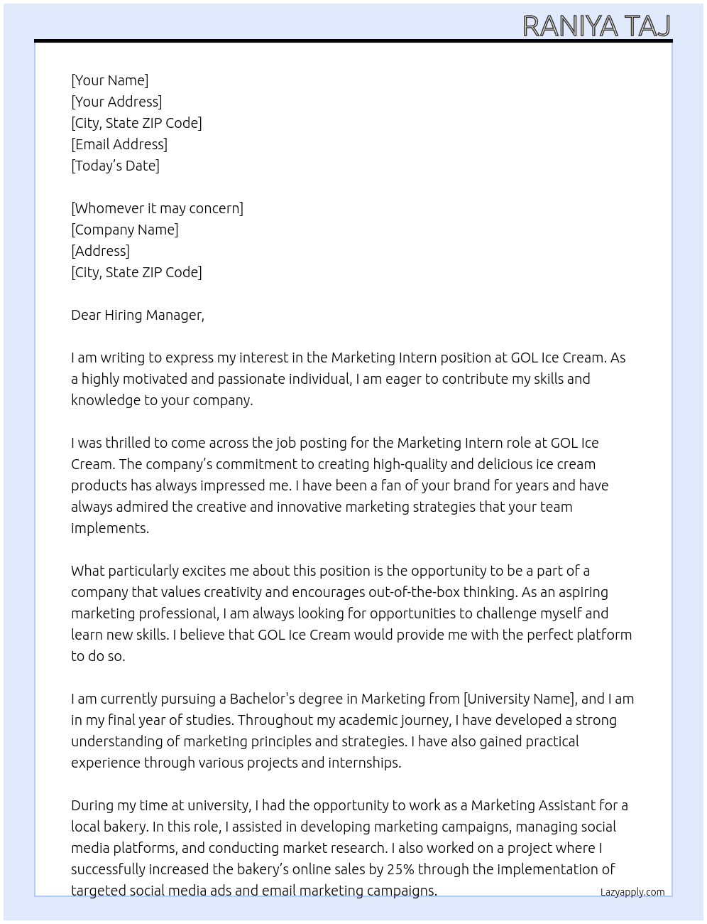 Marketing Intern At GOL Ice Cream Cover Letter