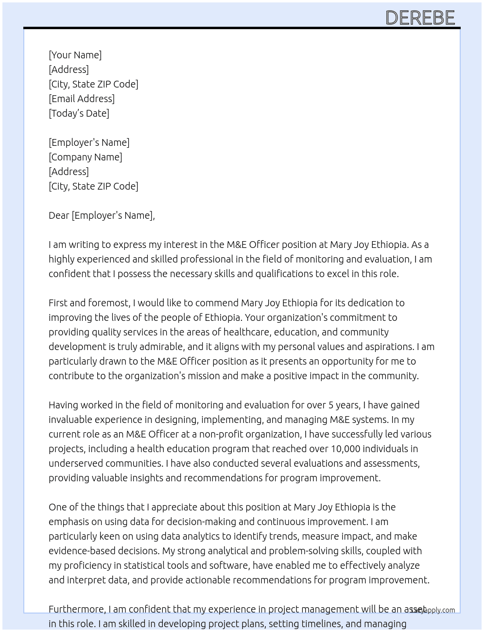M&E Officer  At  Mary Joy Ethiopia Cover Letter