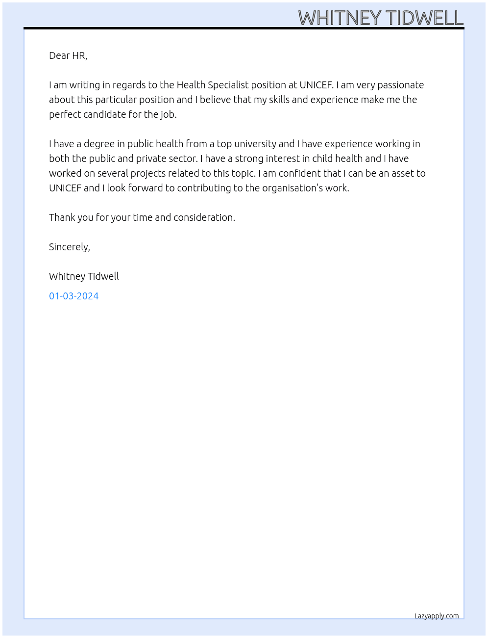 Health Specialist At UNICEF Cover Letter