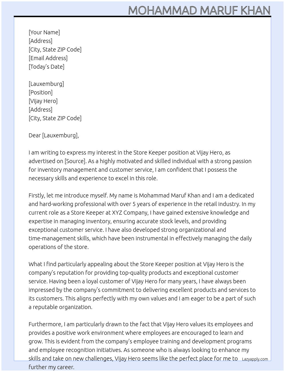 Store Keeper At vijay hero Cover Letter