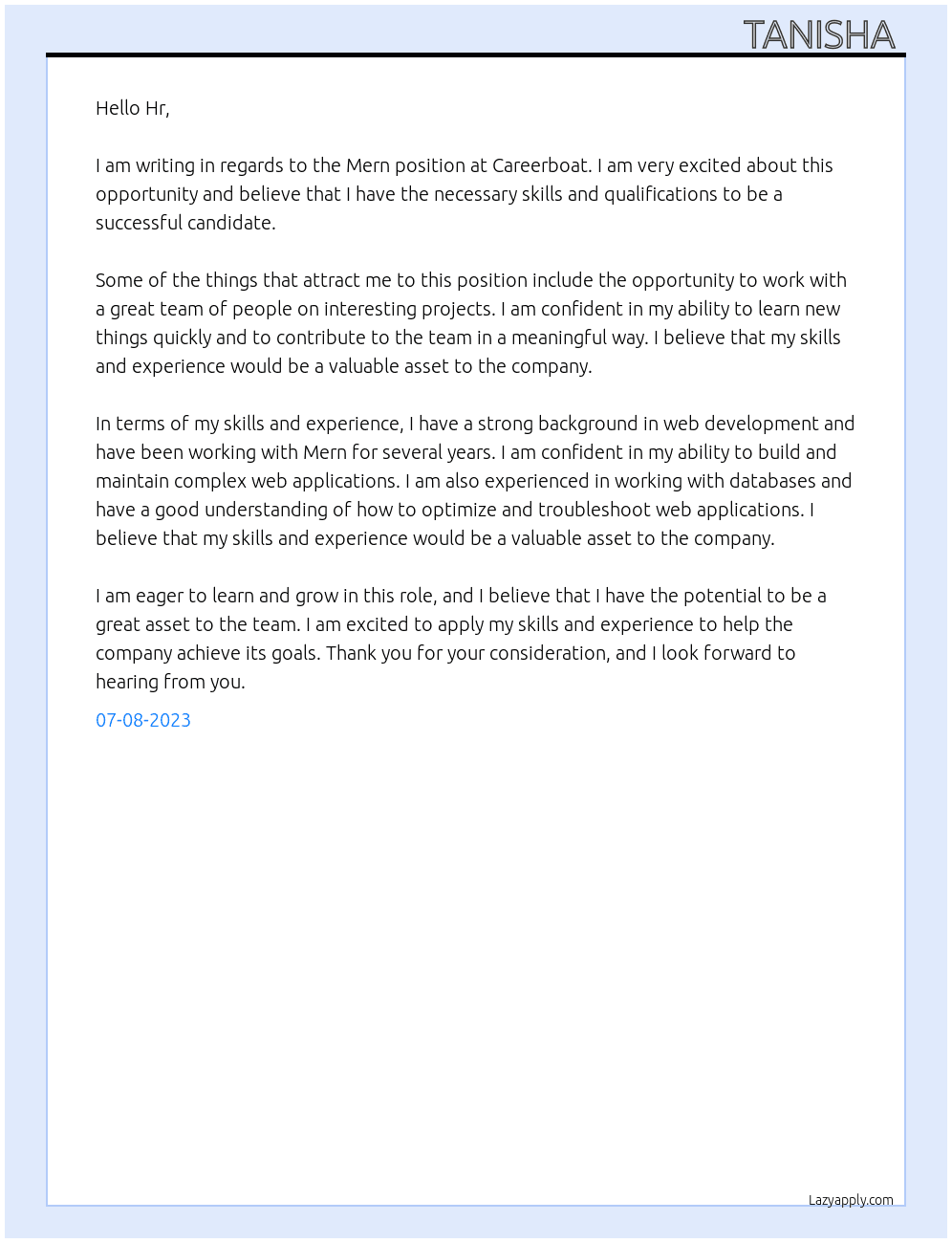 Mern  At Careerboat Cover Letter