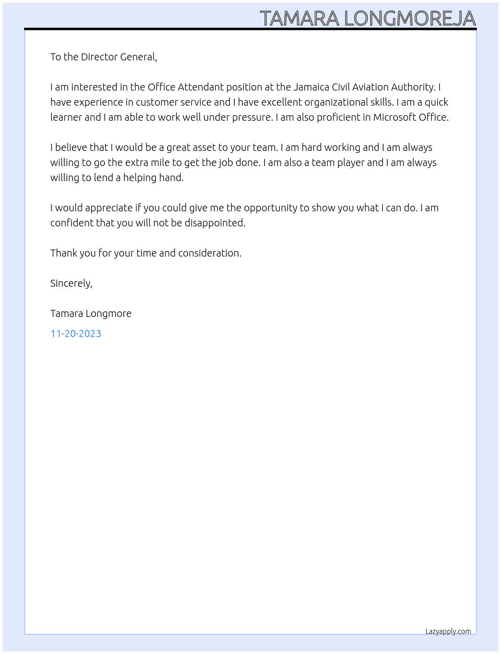 Office Attendant At Jamaica Civil Aviation Authority Cover Letter