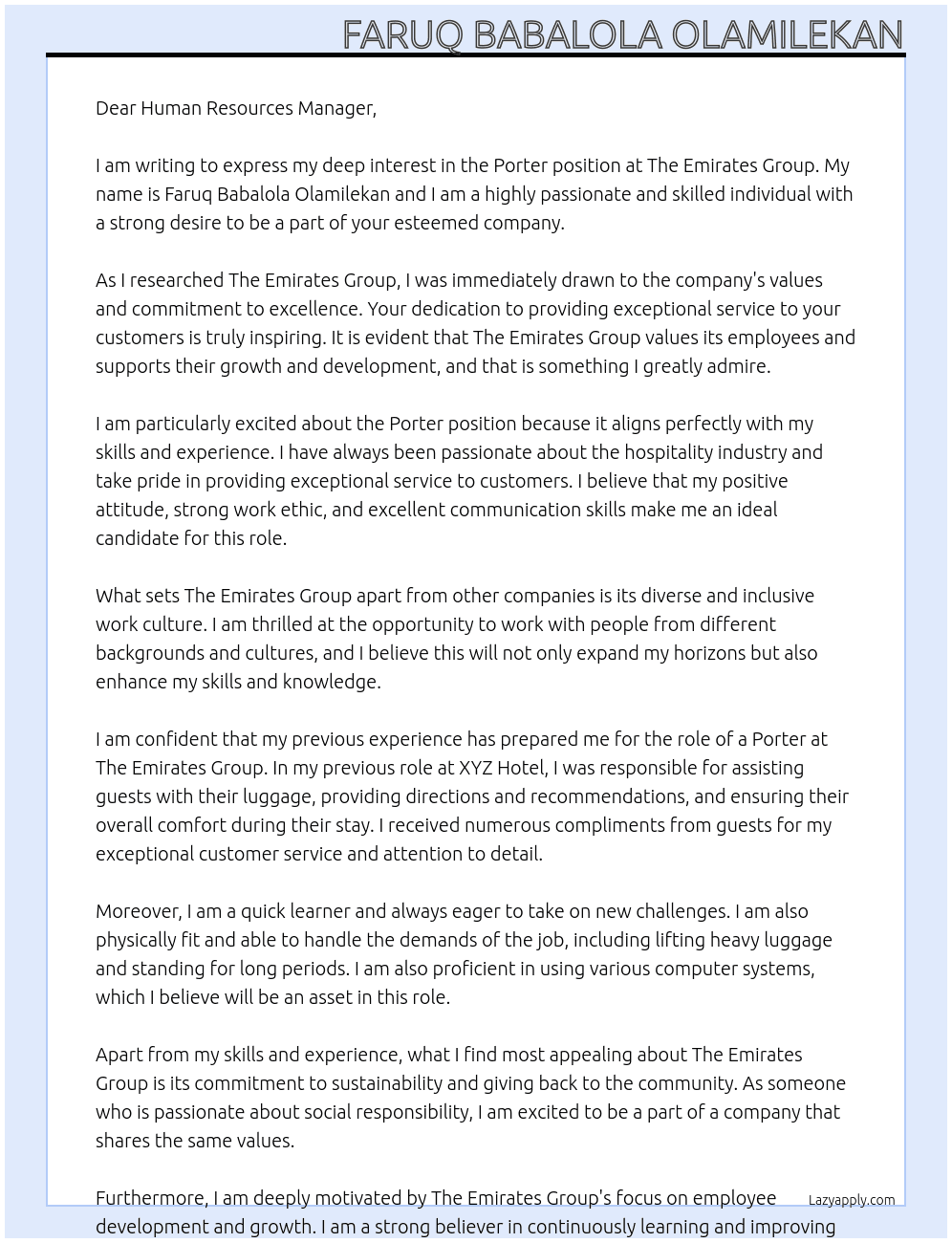 porter At The Emirates Group Cover Letter