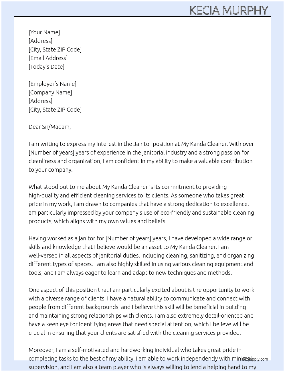 Janitor  At My Kanda Cleaner Cover Letter
