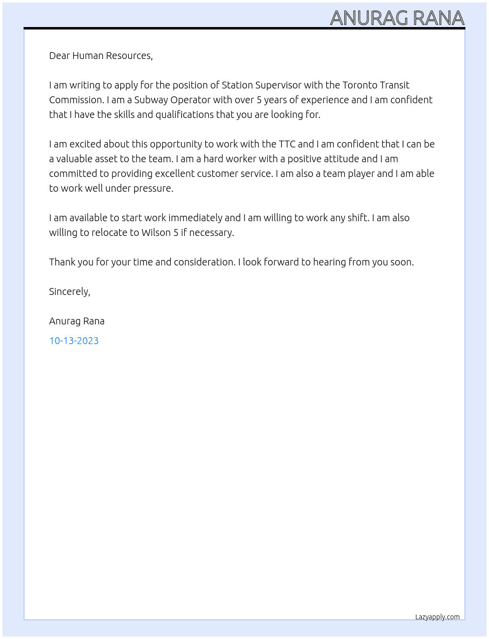 Station Supervisor At Toronto Transit Commission Cover Letter