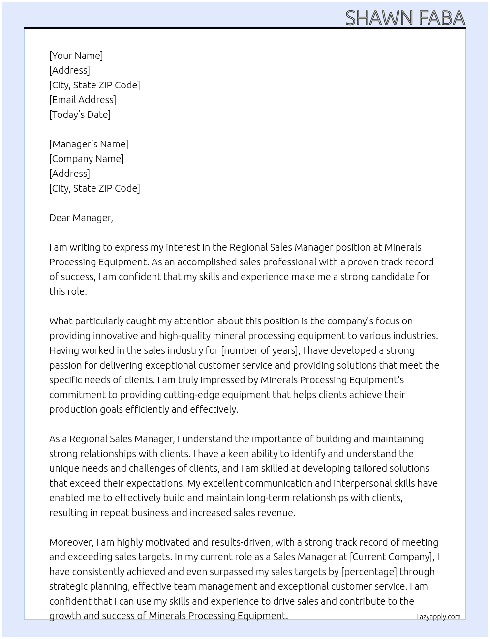 Regional Sales Manager At Minerals Processing Equipment Cover Letter