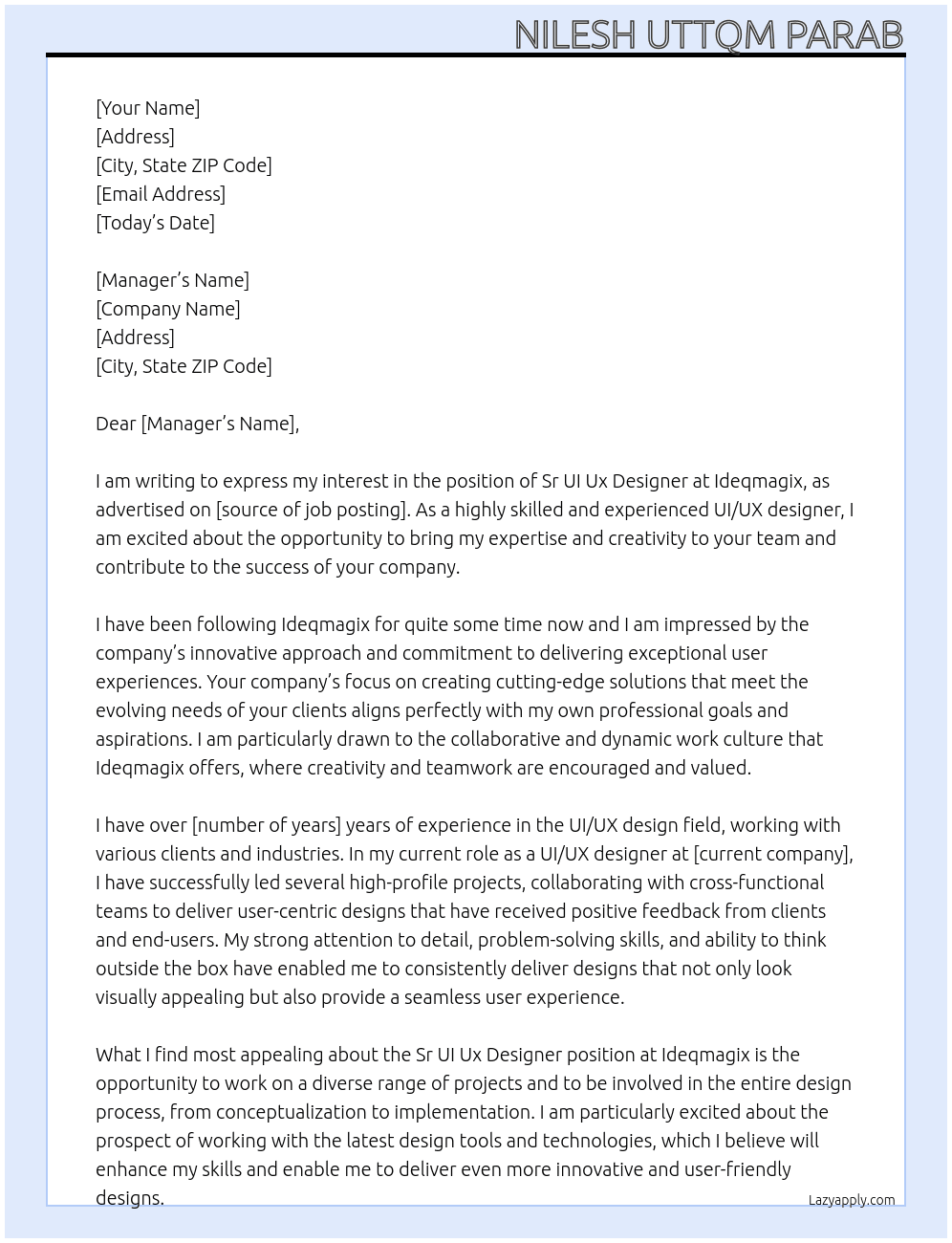 Sr UI Ux Designer At Ideqmagix Cover Letter